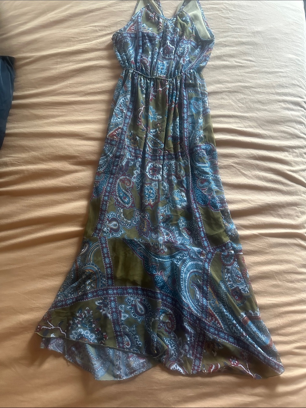 Women's Olive Paisley Maxi Dress - Sleeveless V-Neck